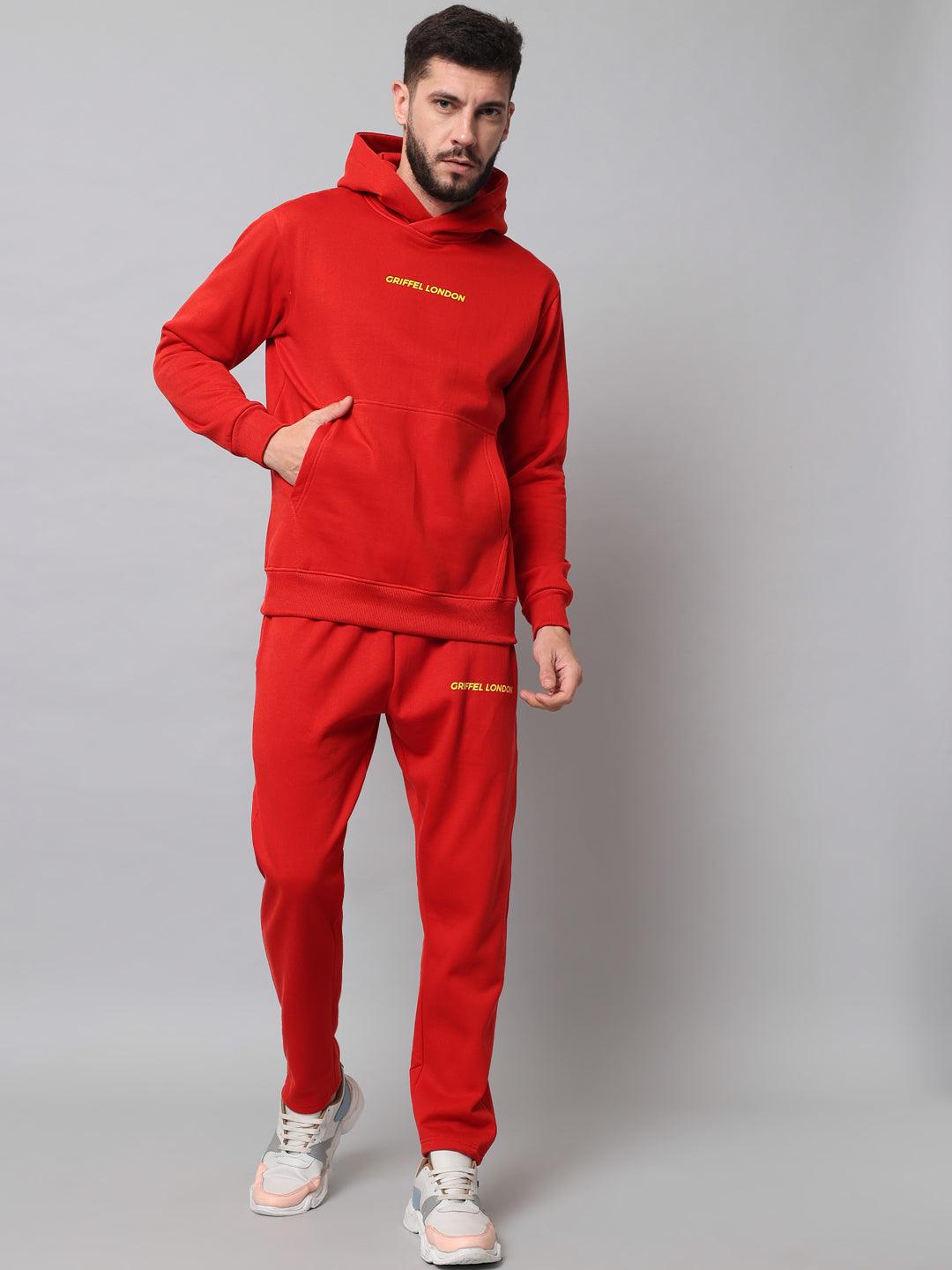 Griffel Men's Front Logo Solid Fleece Basic Hoodie and Joggers Full set Red Tracksuit - griffel