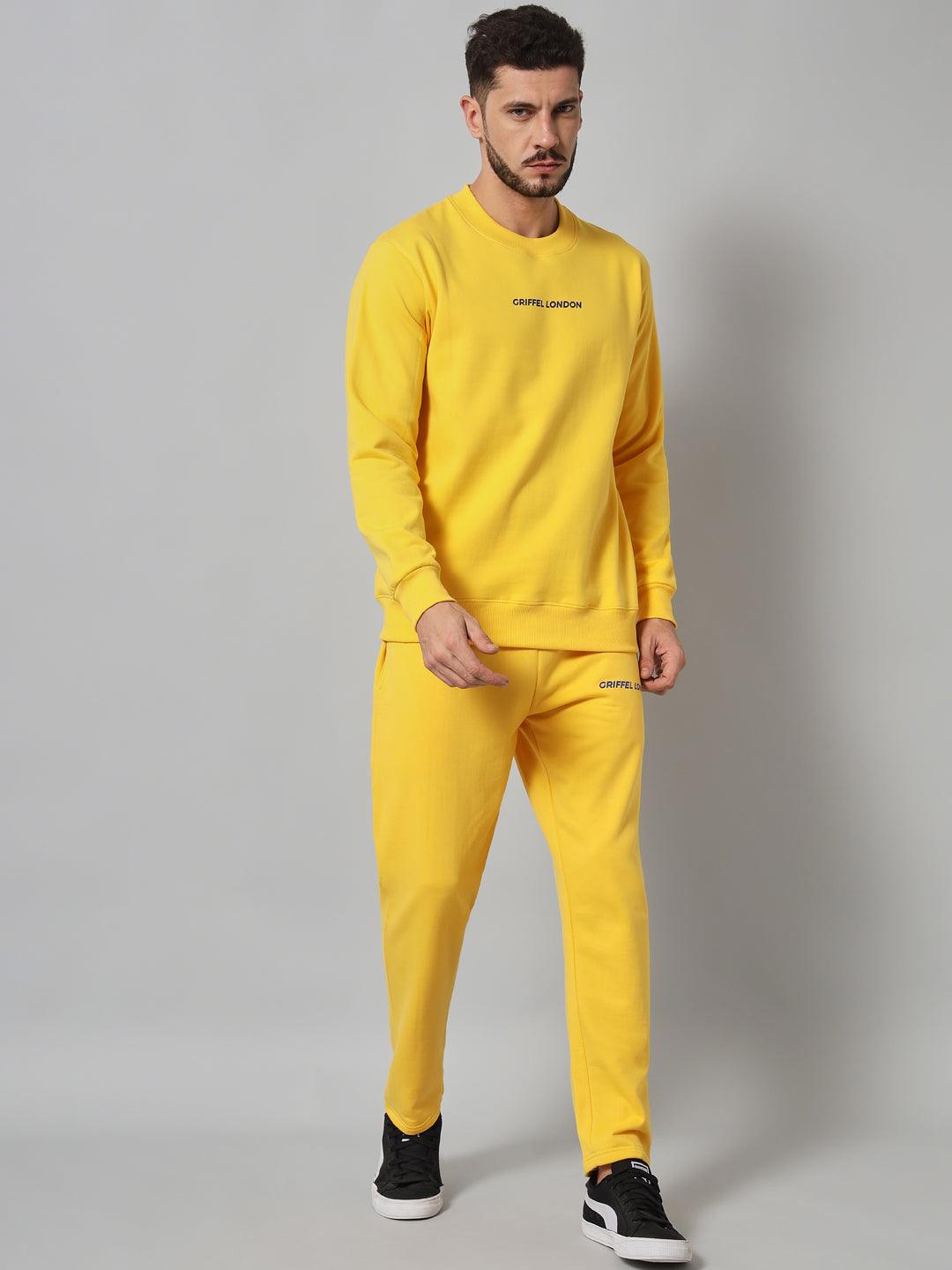 Griffel Men's Front Logo Solid Fleece Basic R-Neck and Joggers Full set Yellow Tracksuit - griffel
