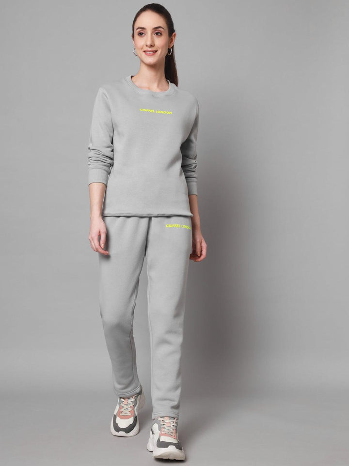 Griffel Women Solid Fleece Basic Round Neck Sweatshirt and Joggers Full set Steel Grey Tracksuit - griffel