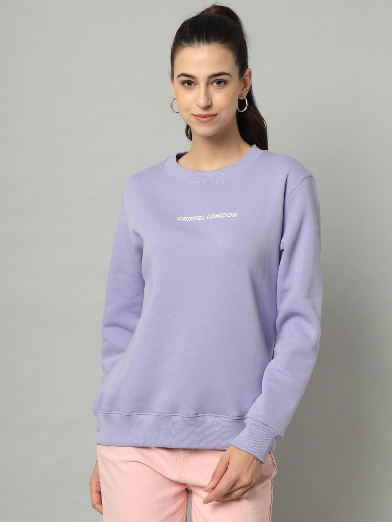 Griffel Women's Printed Round Neck Mauve Cotton Fleece Full Sleeve