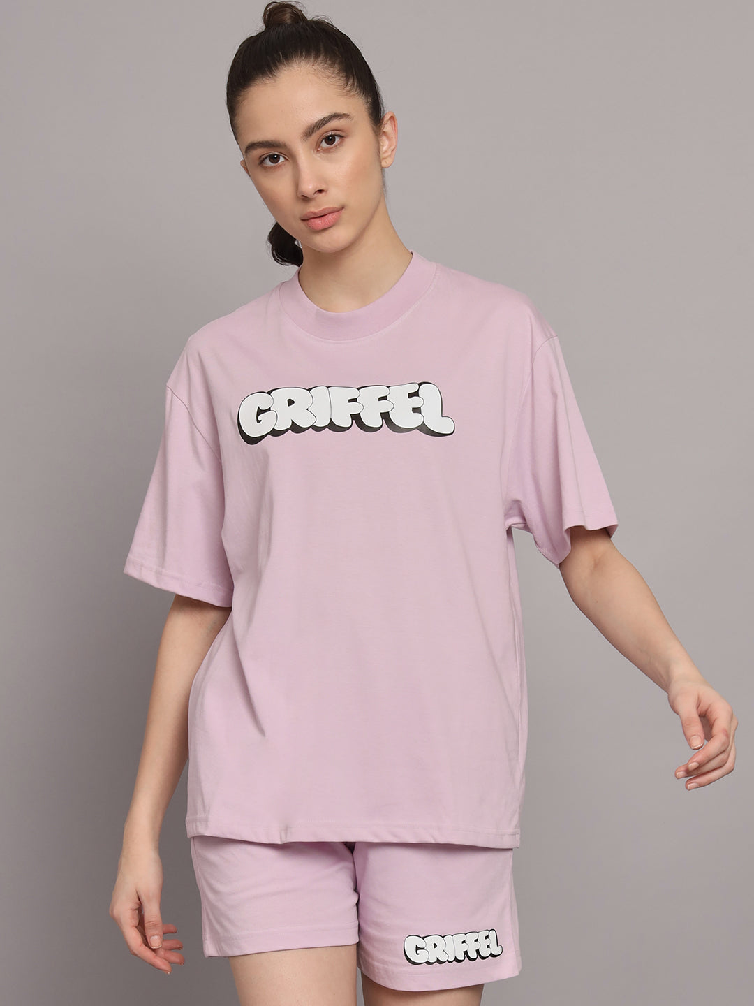 GRIFFEL Women Printed Oversized Loose fit Light Purple T-shirt and Short Set - griffel