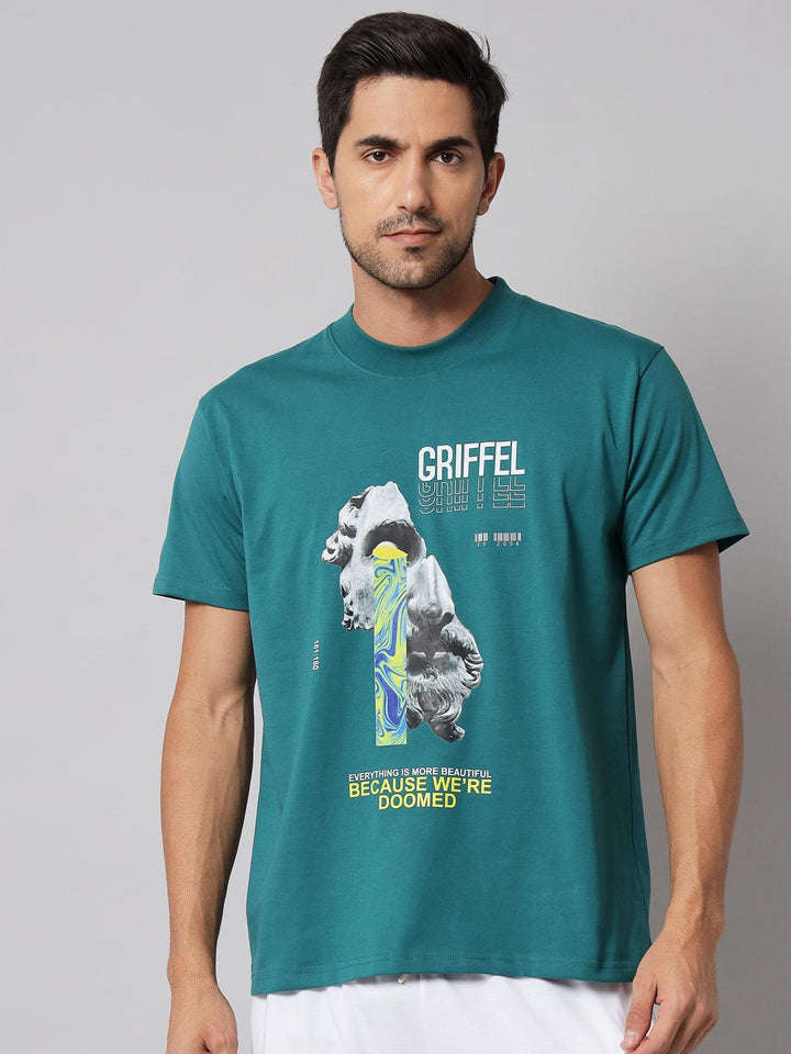 GRIFFEL Men Placement Print Bottle Green Regular fit T-shirt - griffel