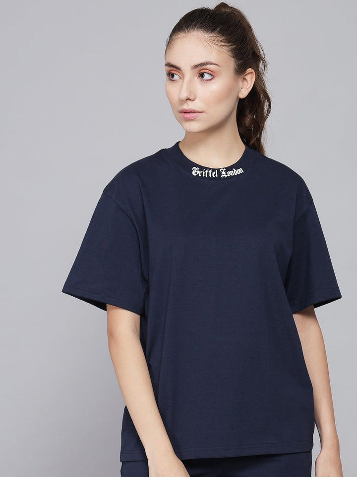 GRIFFEL Women Placement Print Regular fit Navy T-shirt - griffel
