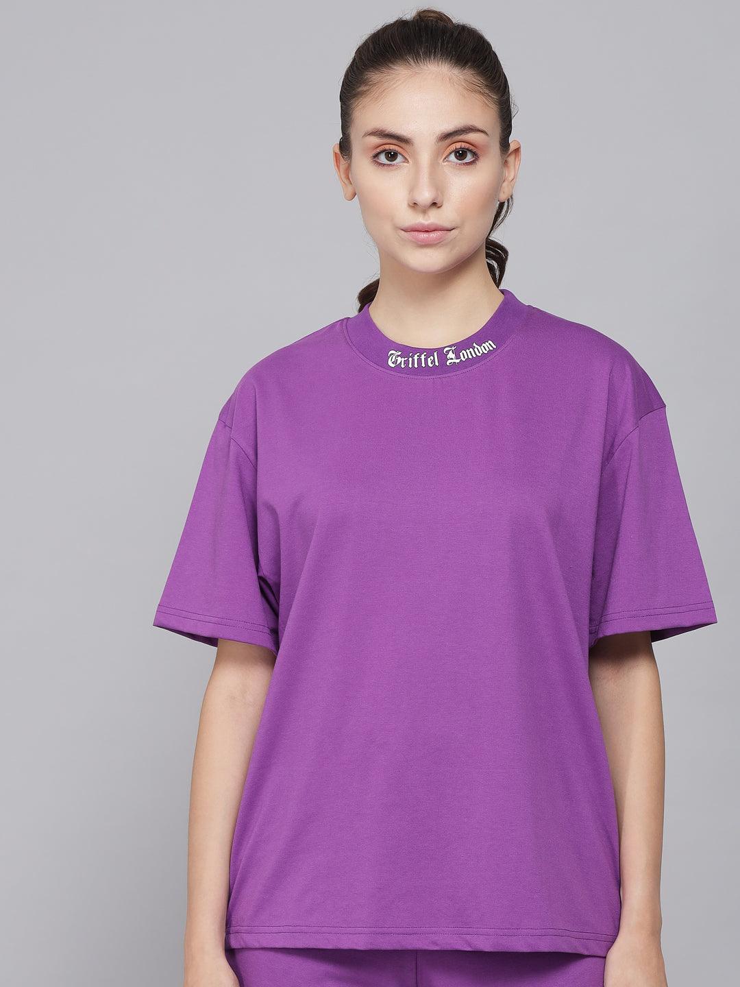GRIFFEL Women Placement Print Regular fit Purple T-shirt - griffel
