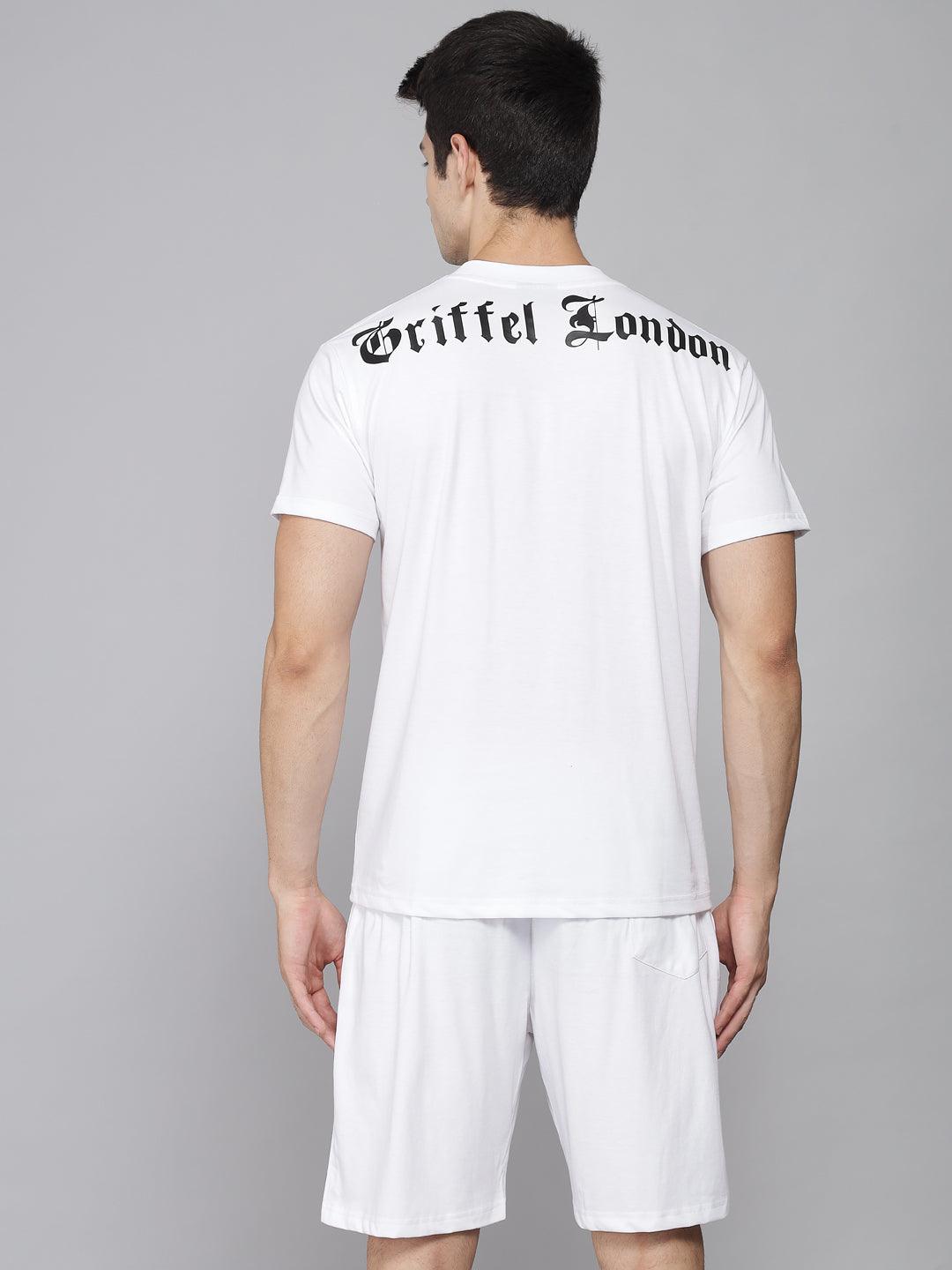 GRIFFEL Men Placement Print White Regular fit T-shirt and Short Set - griffel