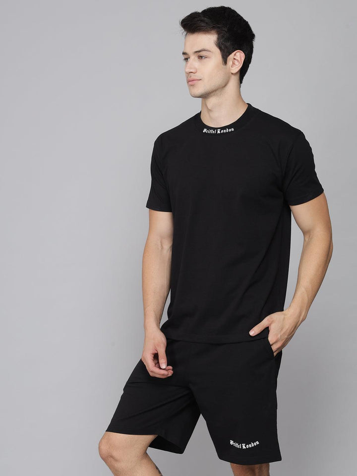 GRIFFEL Men Placement Print Black Regular fit T-shirt and Short Set - griffel