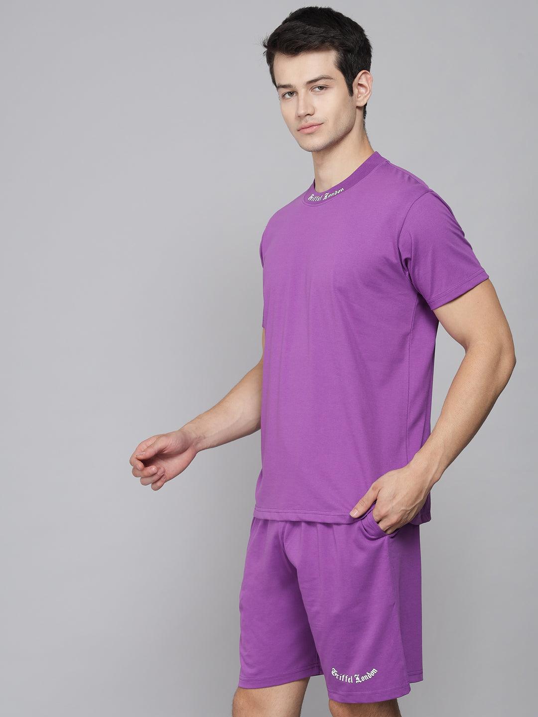 GRIFFEL Men Placement Print Purple Regular fit T-shirt and Short Set - griffel