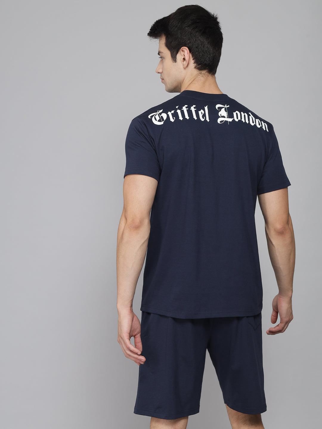 GRIFFEL Men Placement Print Navy Regular fit T-shirt and Short Set - griffel