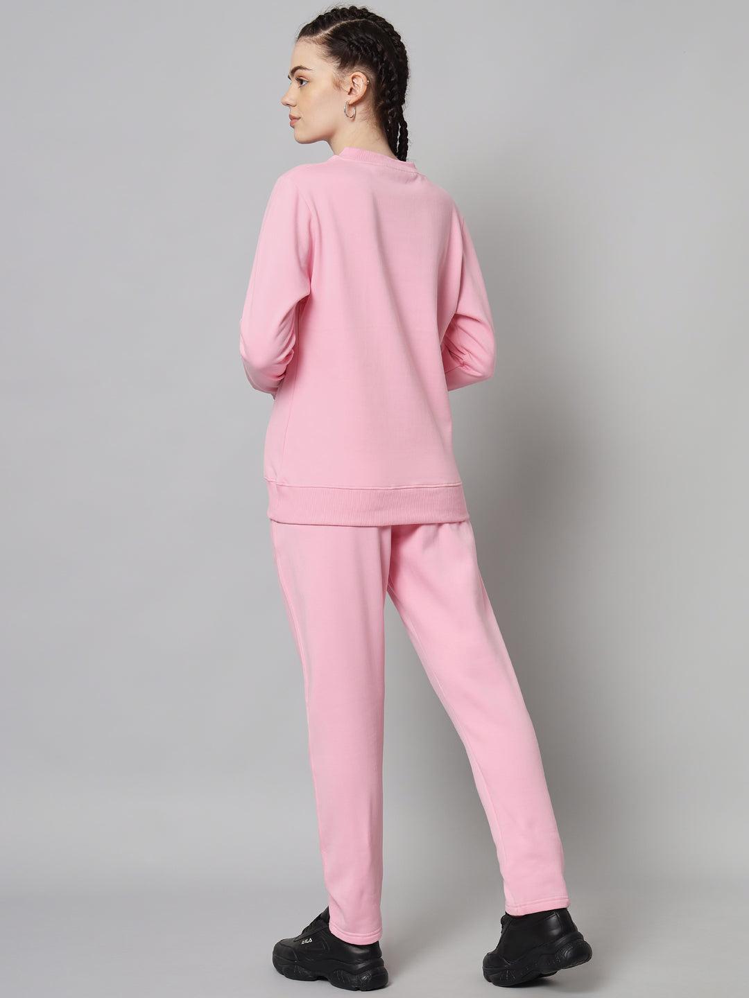 Griffel Women Solid Fleece Basic Round Neck Sweatshirt and Joggers Full set Pink Tracksuit - griffel