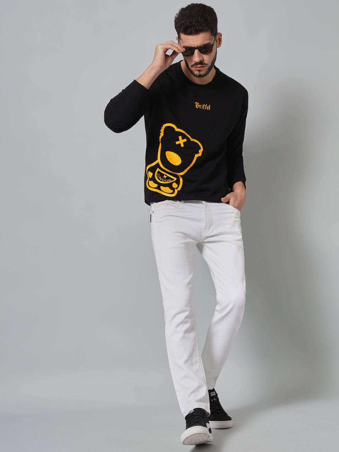 Griffel Men's Cotton Fleece Round Neck Black Sweatshirt with Full Sleeve and Teddy Logo Print - griffel