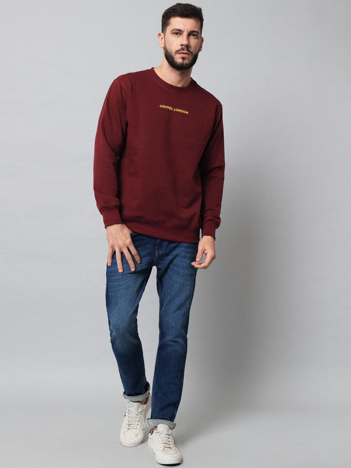 Griffel Men's Cotton Fleece Round Neck Maroon Sweatshirt with Full Sleeve and Front Logo Print - griffel