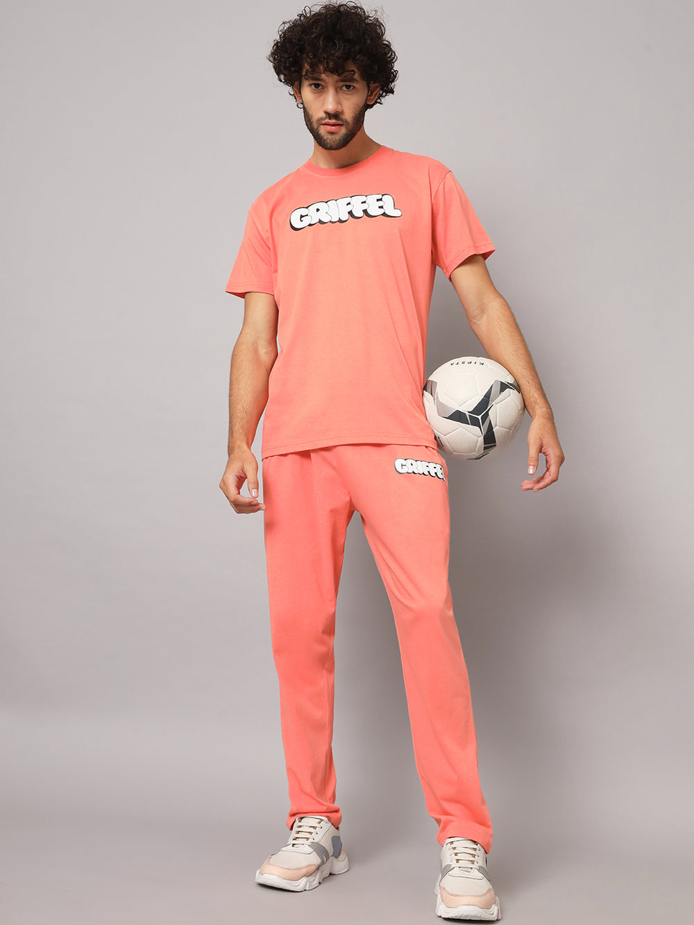 GRIFFEL Men Basic Solid Peach Regular Fit T-shirt and Trackpant Set - griffel