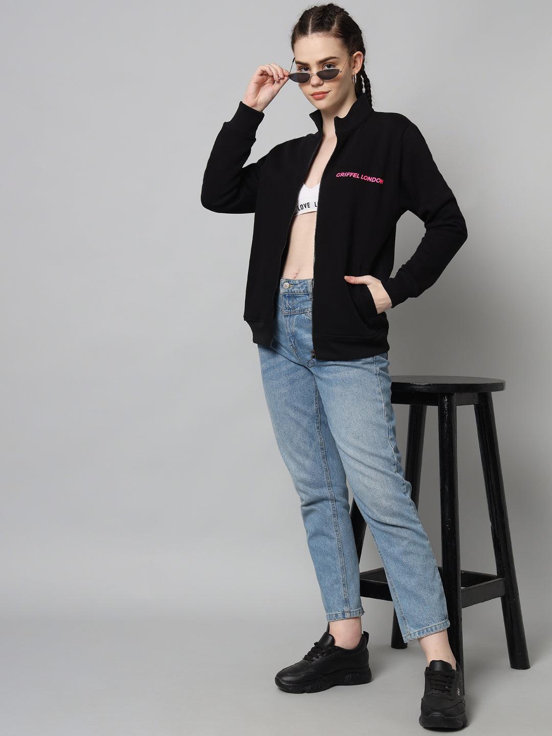 Griffel Women’s Cotton Fleece Full Sleeve Black Zipper Sweatshirt - griffel