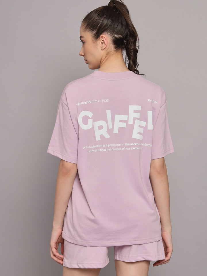 GRIFFEL Women Printed Loose fit Light Purple T-shirt and Short Set - griffel
