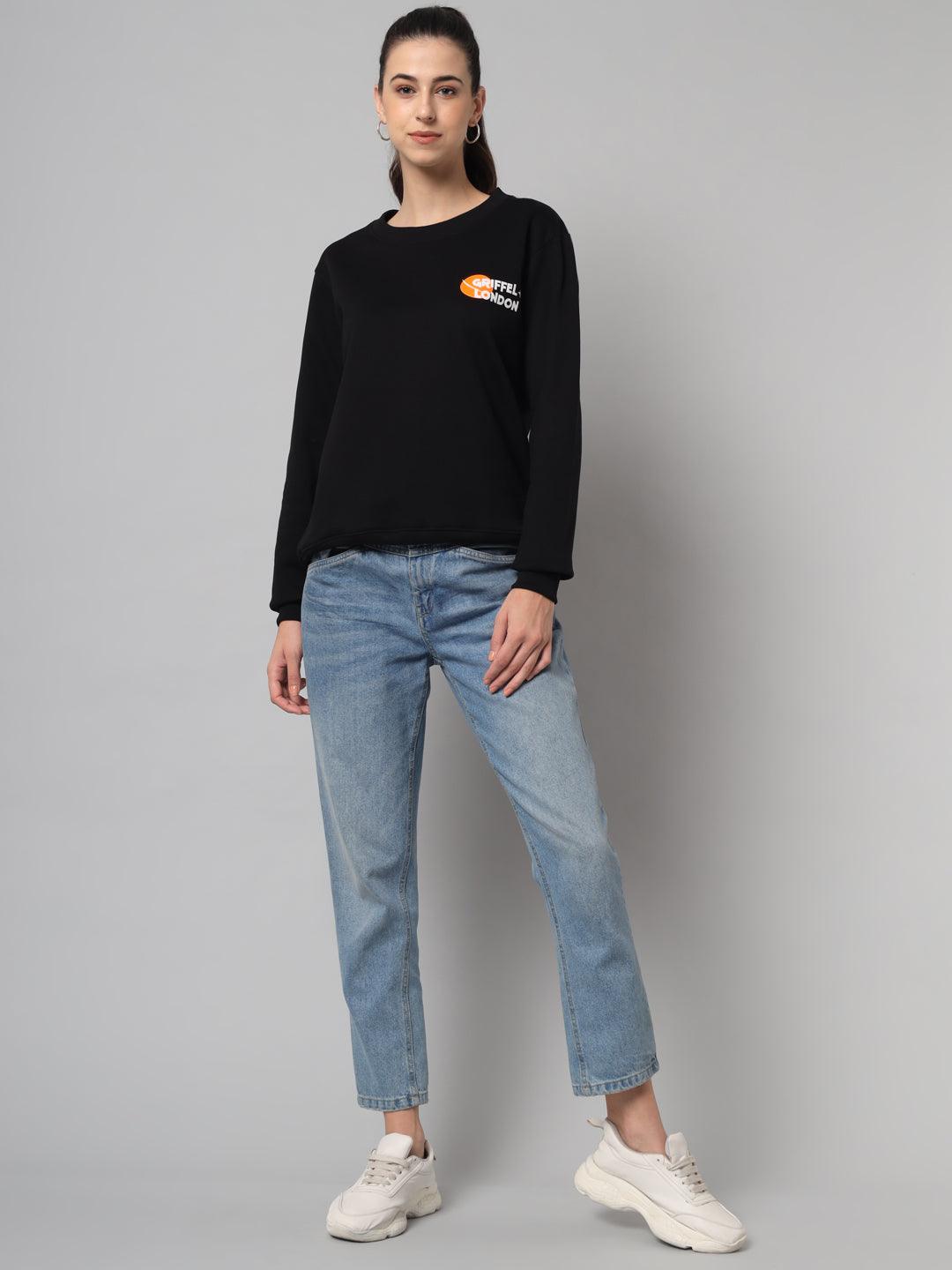 Griffel Women’s Printed Round Neck Black Cotton Fleece Full Sleeve Sweatshirt - griffel