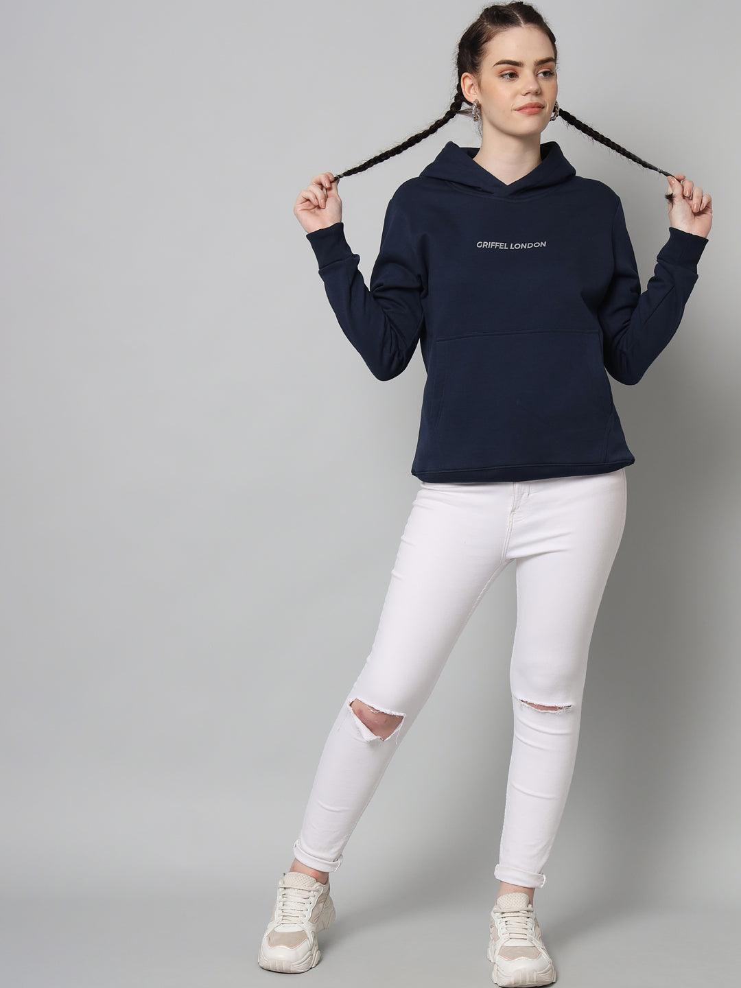 Griffel Women’s Cotton Fleece Full Sleeve Navy Hoodie Sweatshirt - griffel