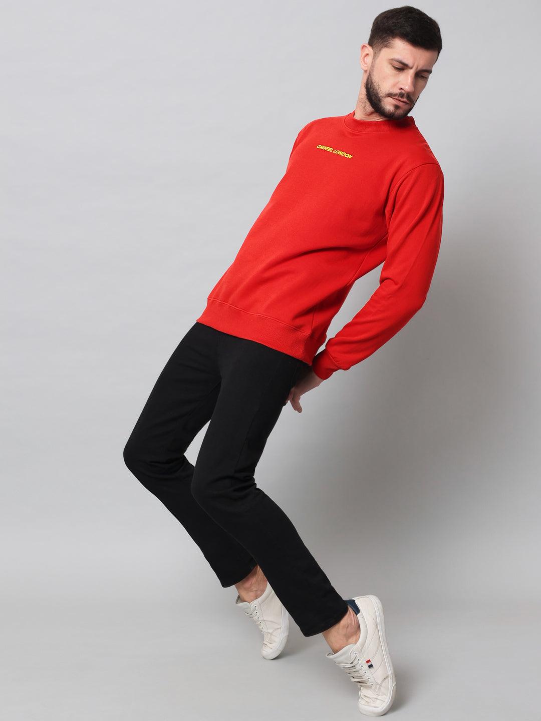 Griffel Men's Cotton Fleece Round Neck Red Sweatshirt with Full Sleeve and Front Logo Print - griffel