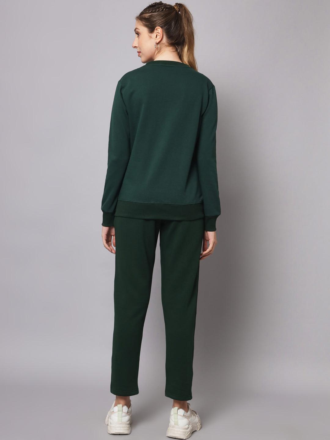 Griffel Women Solid Fleece Basic Round Neck Sweatshirt and Joggers Full set Bottle Green Tracksuit - griffel
