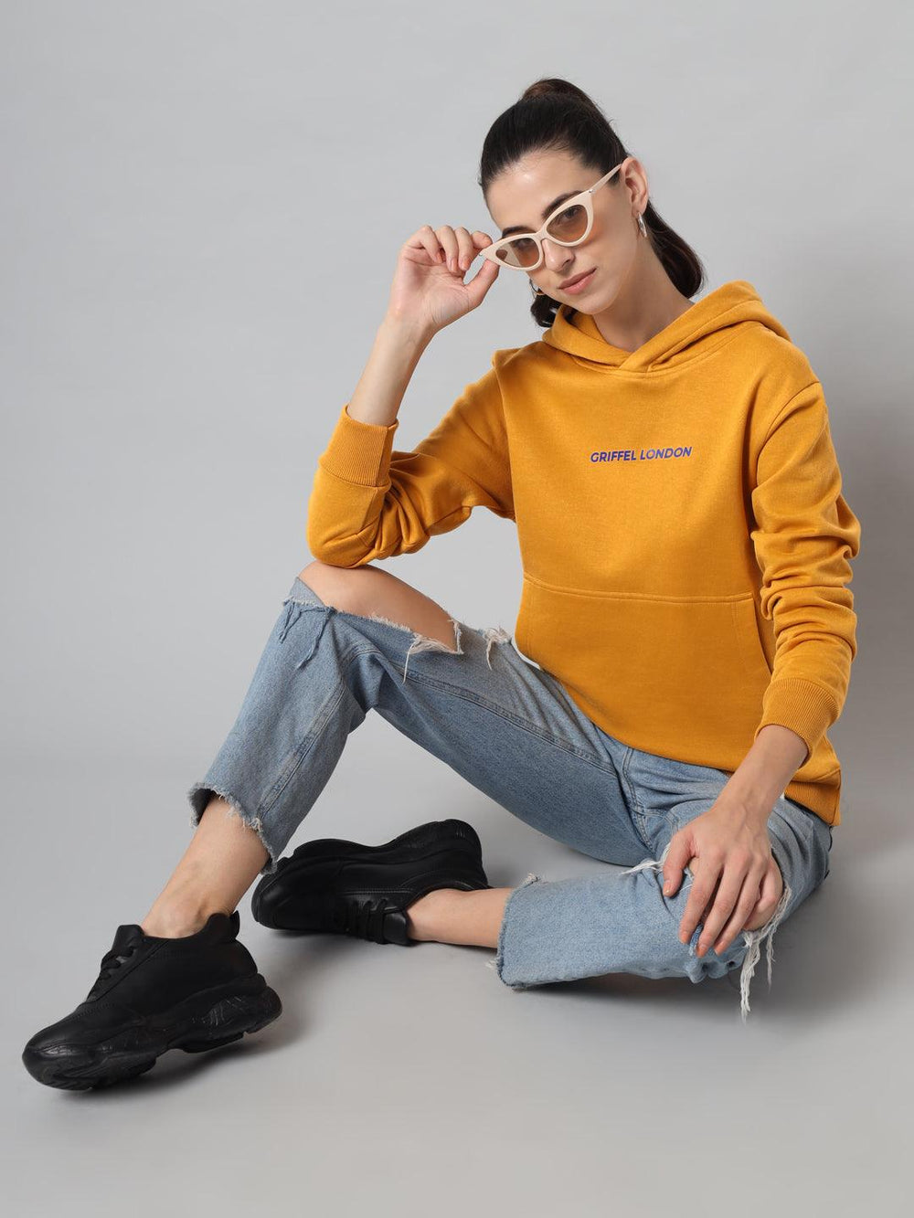 Griffel Women’s Cotton Fleece Full Sleeve Mustard Hoodie Sweatshirt - griffel