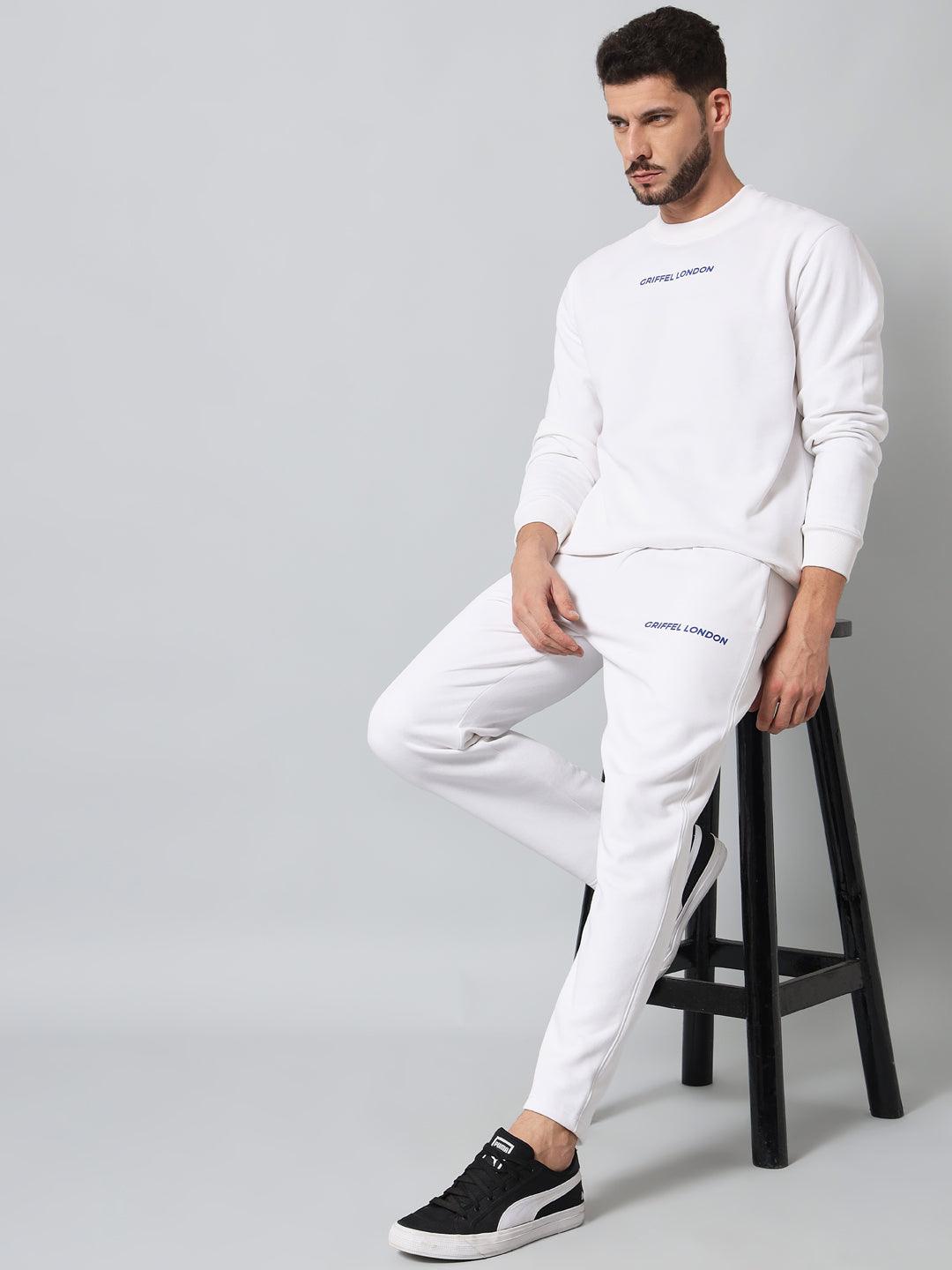 Griffel Men's Front Logo Solid Fleece Basic R-Neck and Joggers Full set White Tracksuit - griffel