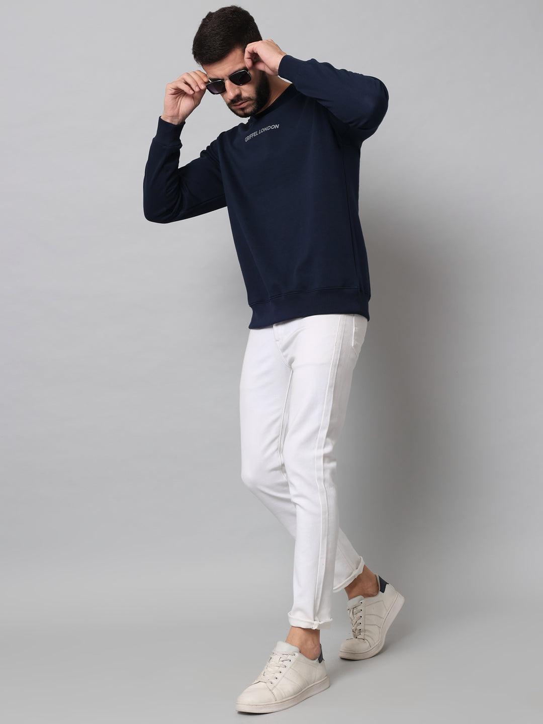 Griffel Men's Cotton Fleece Round Neck Navy Sweatshirt with Full Sleeve and Front Logo Print - griffel