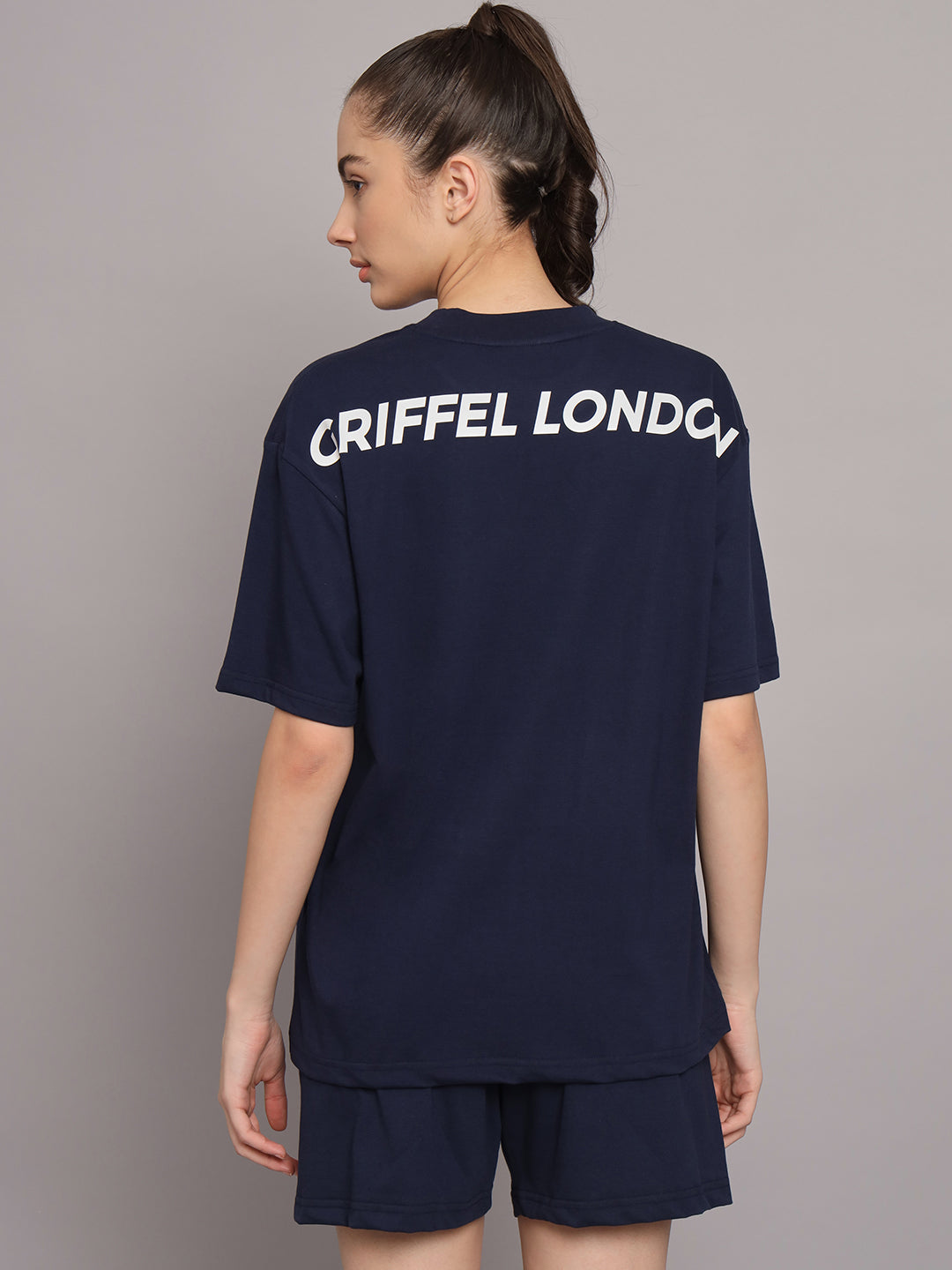 GRIFFEL Women Printed Loose fit Navy T-shirt and Short Set - griffel