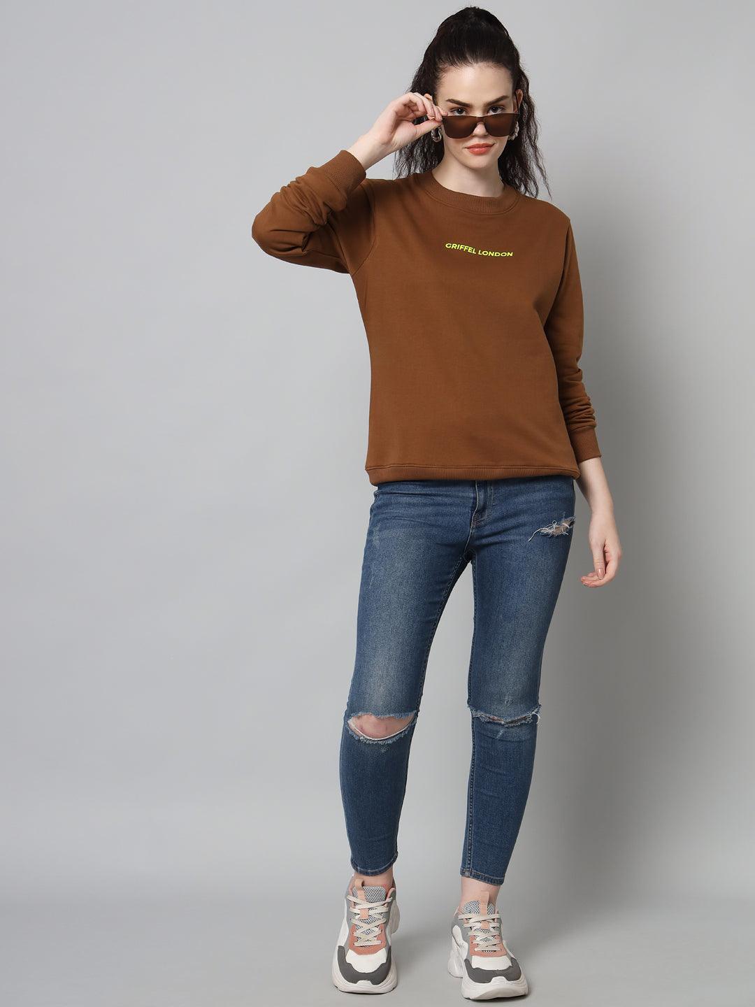 Griffel Women’s Printed Round Neck Coffee Cotton Fleece Full Sleeve Sweatshirt - griffel
