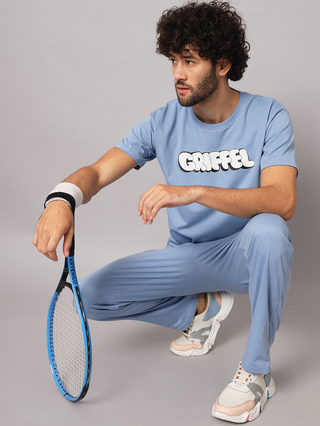 GRIFFEL Men Basic Solid Sky Blue Regular Fit T-shirt and Trackpant Set - griffel