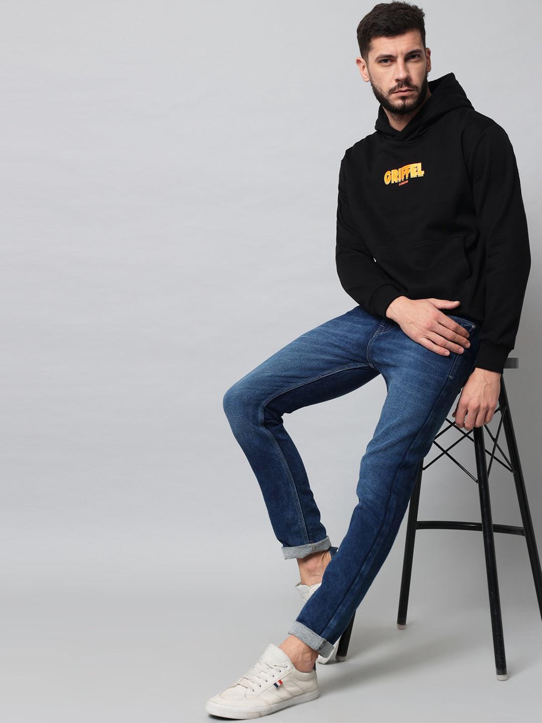 Griffel Men's Black Cotton Front Logo Fleece Hoody Sweatshirt with Full Sleeve - griffel