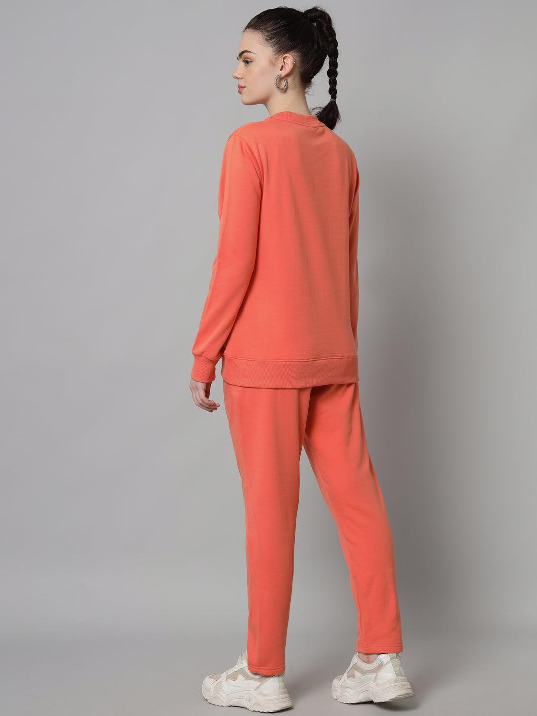 Griffel Women Solid Fleece Basic Round Neck Sweatshirt and Joggers Full set Peach Tracksuit - griffel