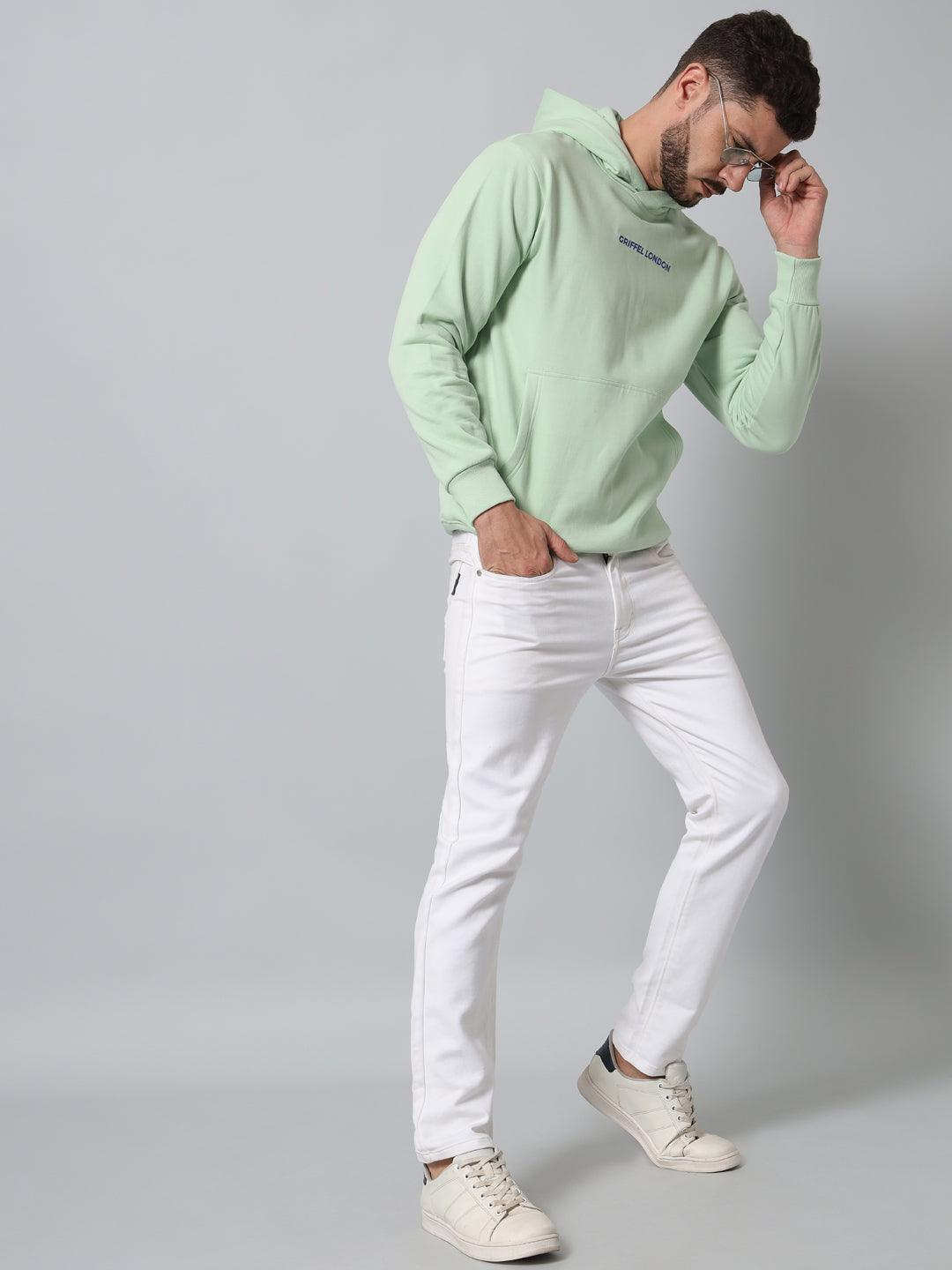 Griffel Men's Sea Green Cotton Front Logo Fleece Hoody Sweatshirt with Full Sleeve - griffel