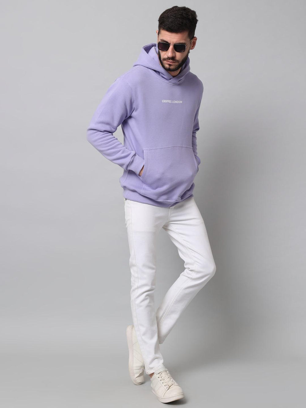 Griffel Men's Light Purple Cotton Front Logo Fleece Hoody Sweatshirt with Full Sleeve - griffel