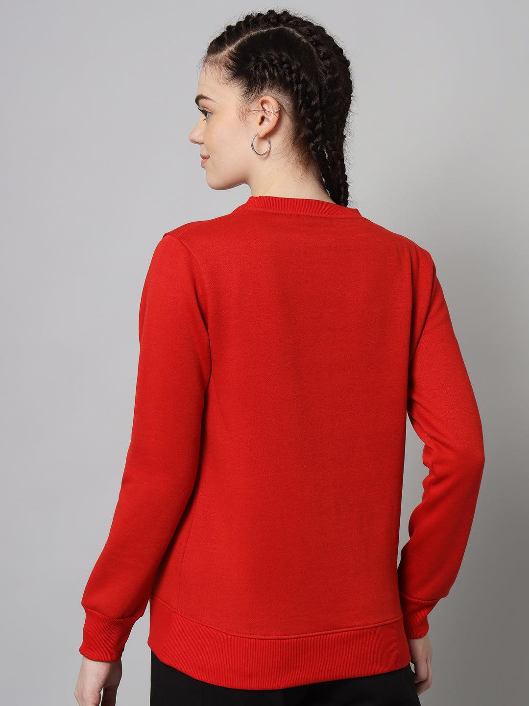 Griffel Women’s Teddy Print Round Neck White Red Cotton Fleece Full Sleeve Sweatshirt - griffel