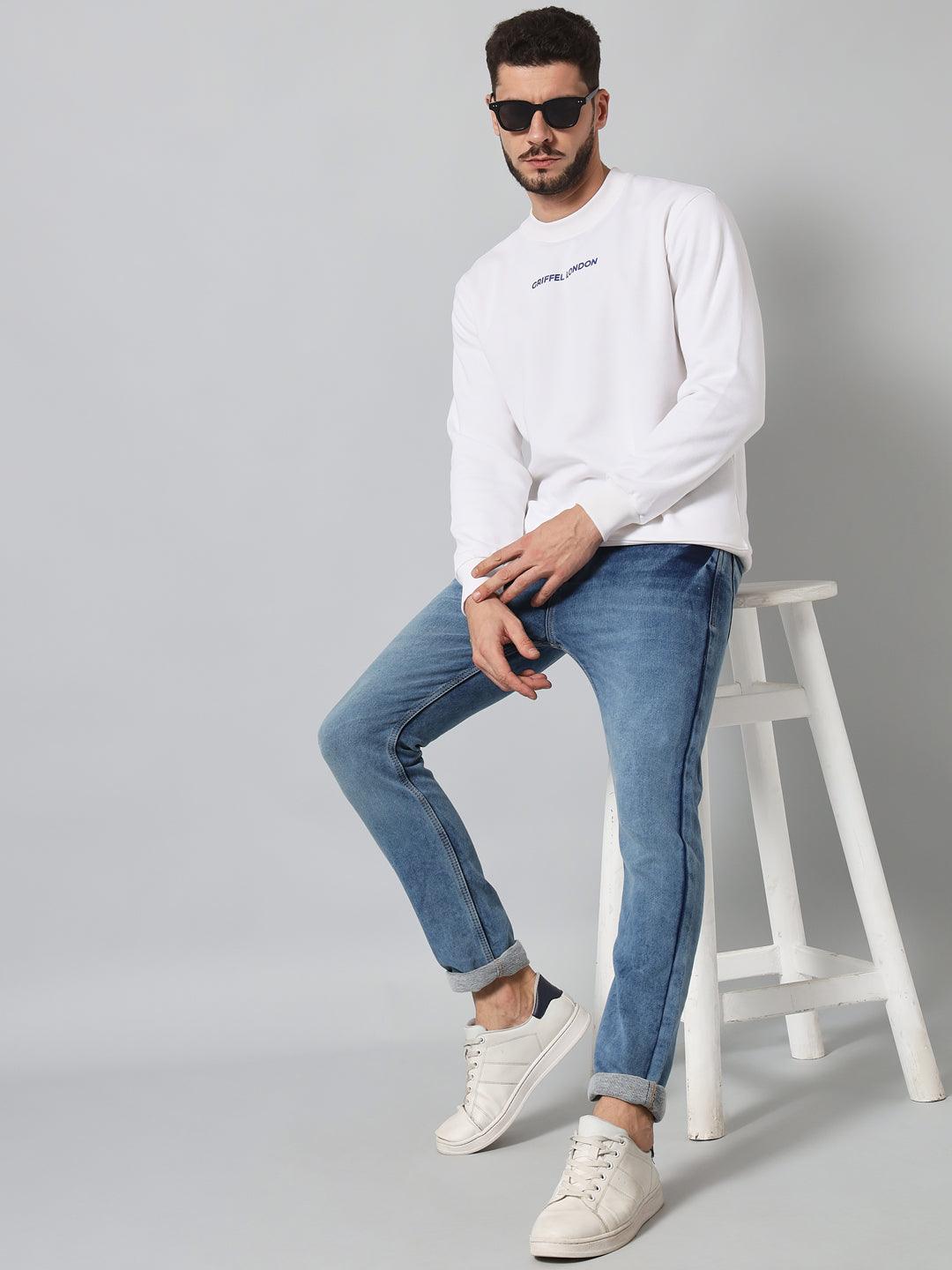 Griffel Men's Cotton Fleece Round Neck White Sweatshirt with Full Sleeve and Front Logo Print - griffel