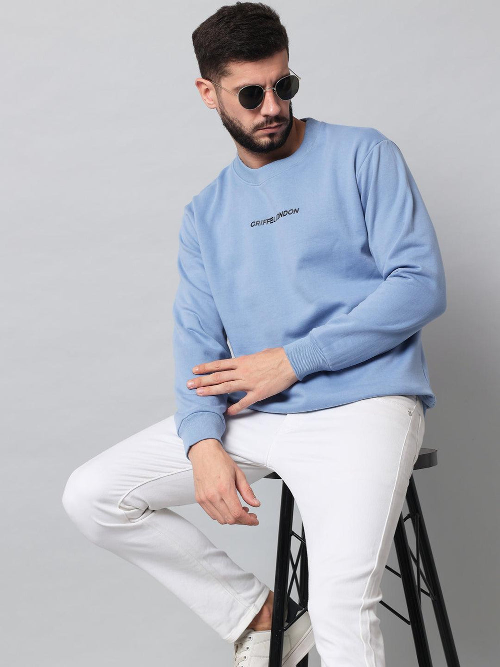 Griffel Men's Cotton Fleece Round Neck Sky Blue Sweatshirt with Full Sleeve and Front Logo Print - griffel