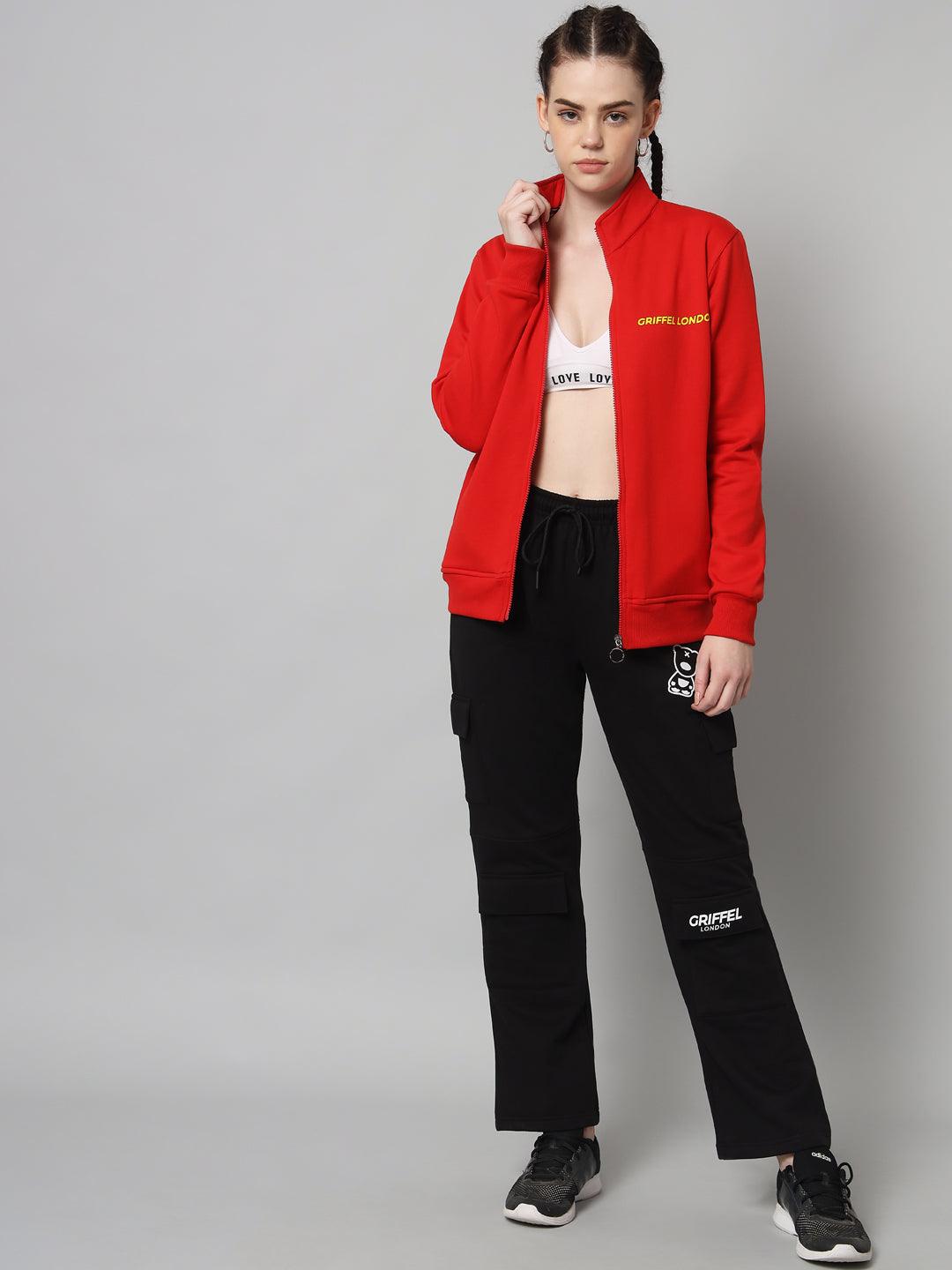 Griffel Women’s Cotton Fleece Full Sleeve Red Zipper Sweatshirt - griffel