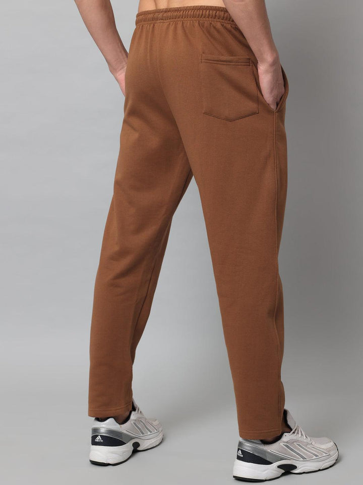 GRIFFEL Men Fleece Basic Solid Front Logo Brown Trackpants - griffel