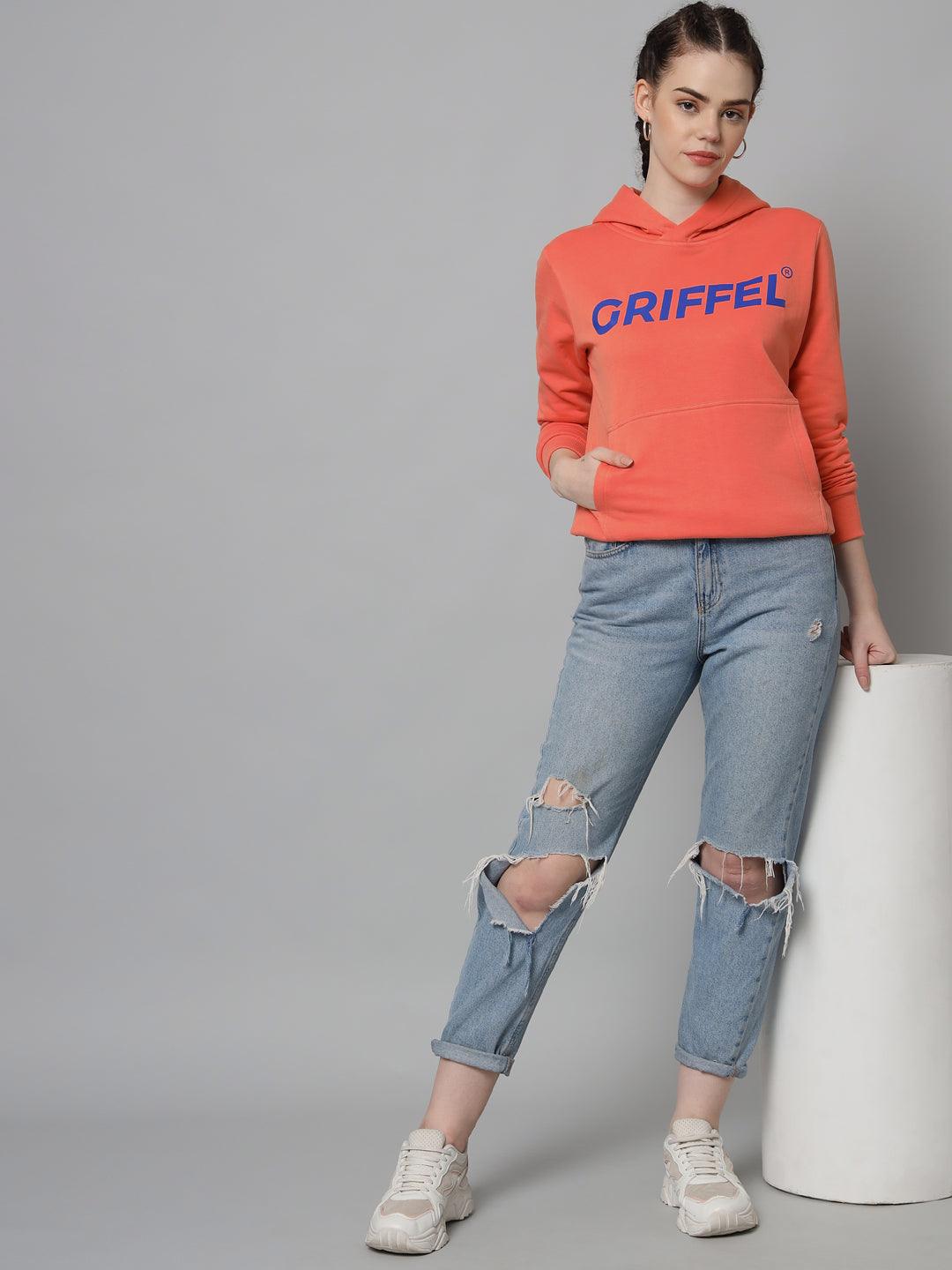 Griffel Women’s Cotton Fleece Full Sleeve Hoodie Peach Printed Sweatshirt - griffel