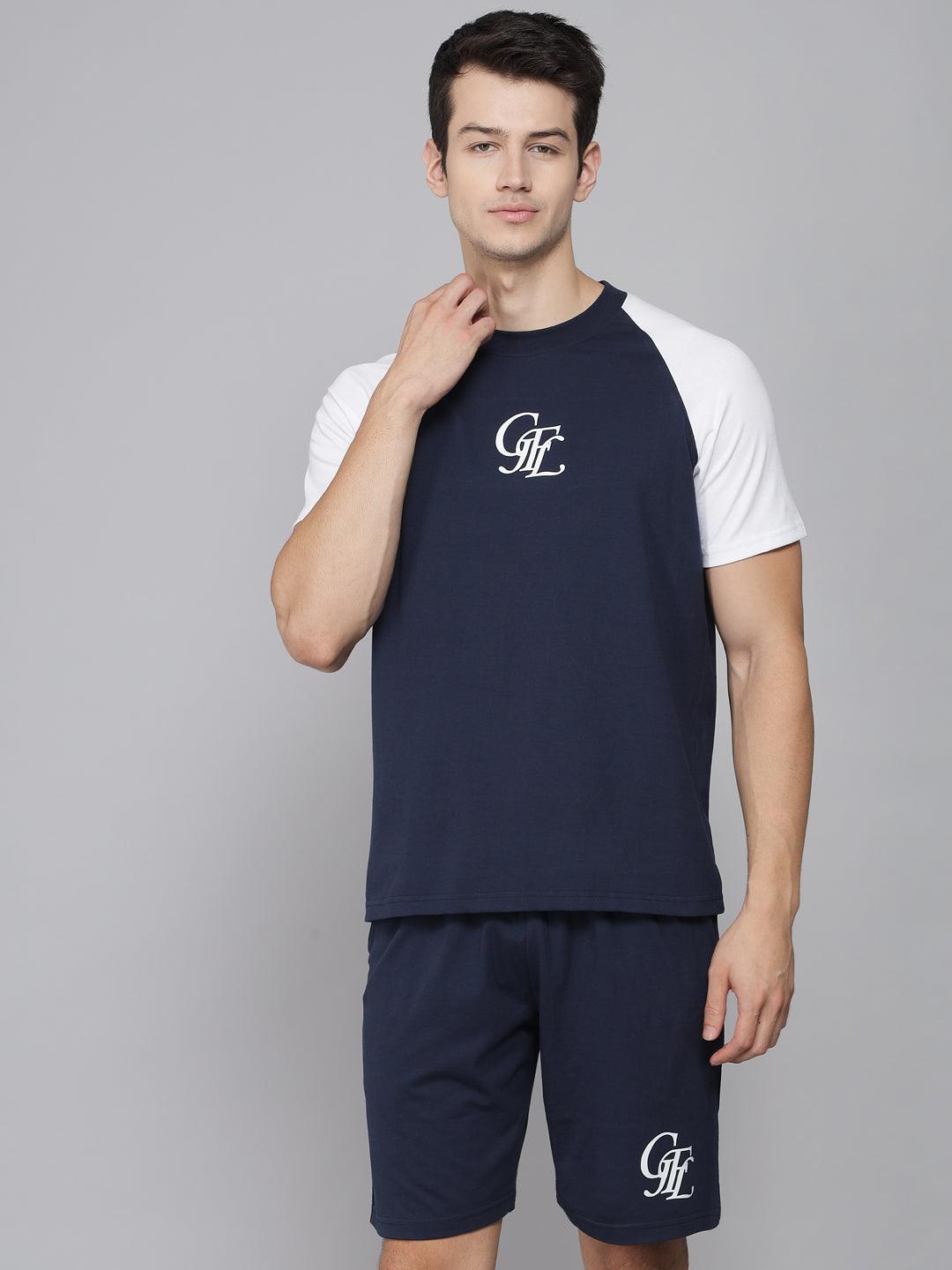 GRIFFEL Men Printed Color Blocked Navy Regular fit T-shirt and Short Set - griffel