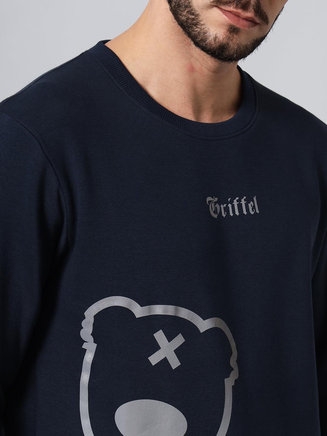 Griffel Men's Front Teddy Print Fleece Basic R-Neck Sweatshirt and Joggers Full set Grey Navy Tracksuit - griffel