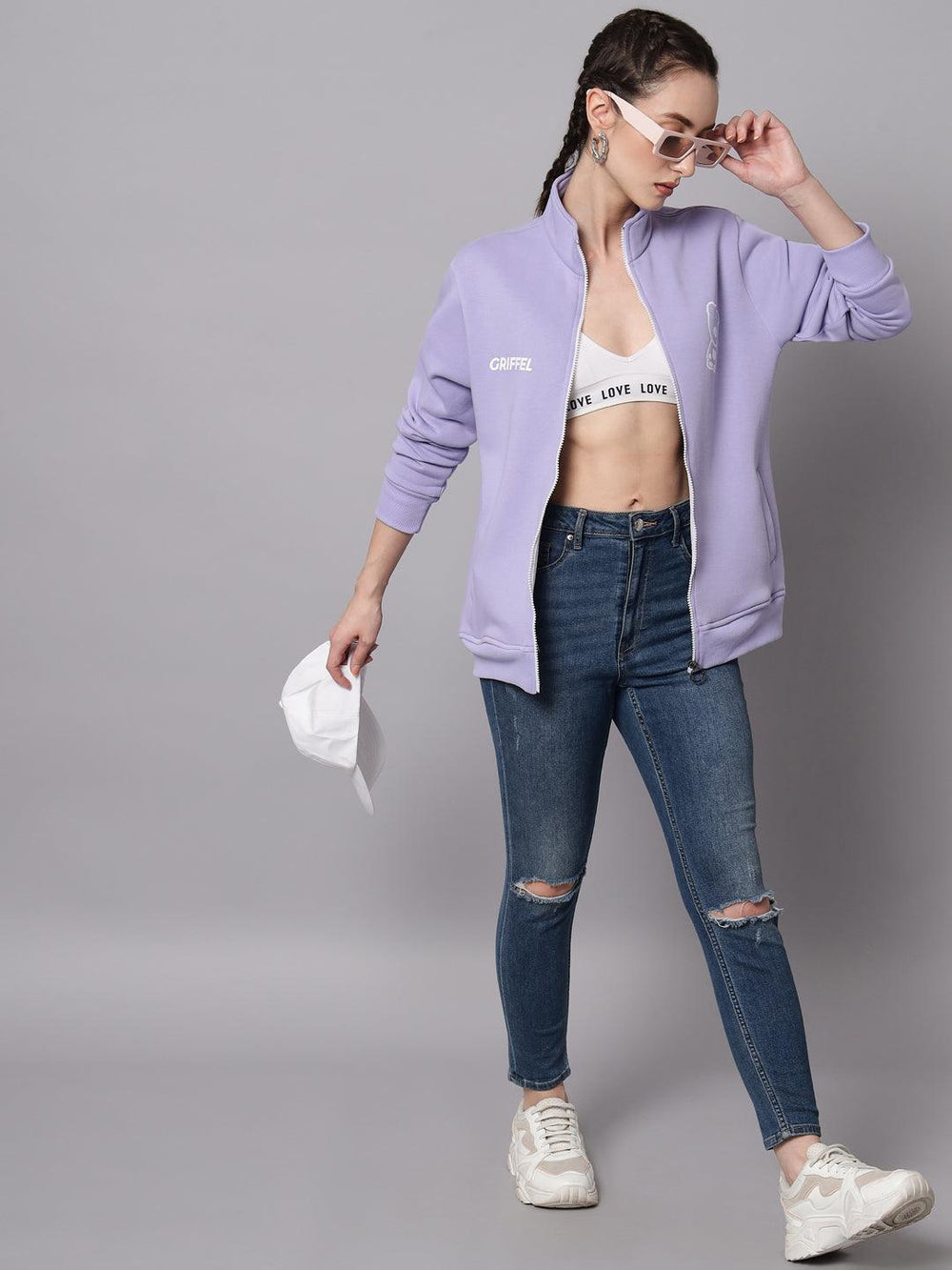 Griffel Women’s Cotton Fleece Full Sleeve Mauve Zipper Color Blocked Sweatshirt - griffel
