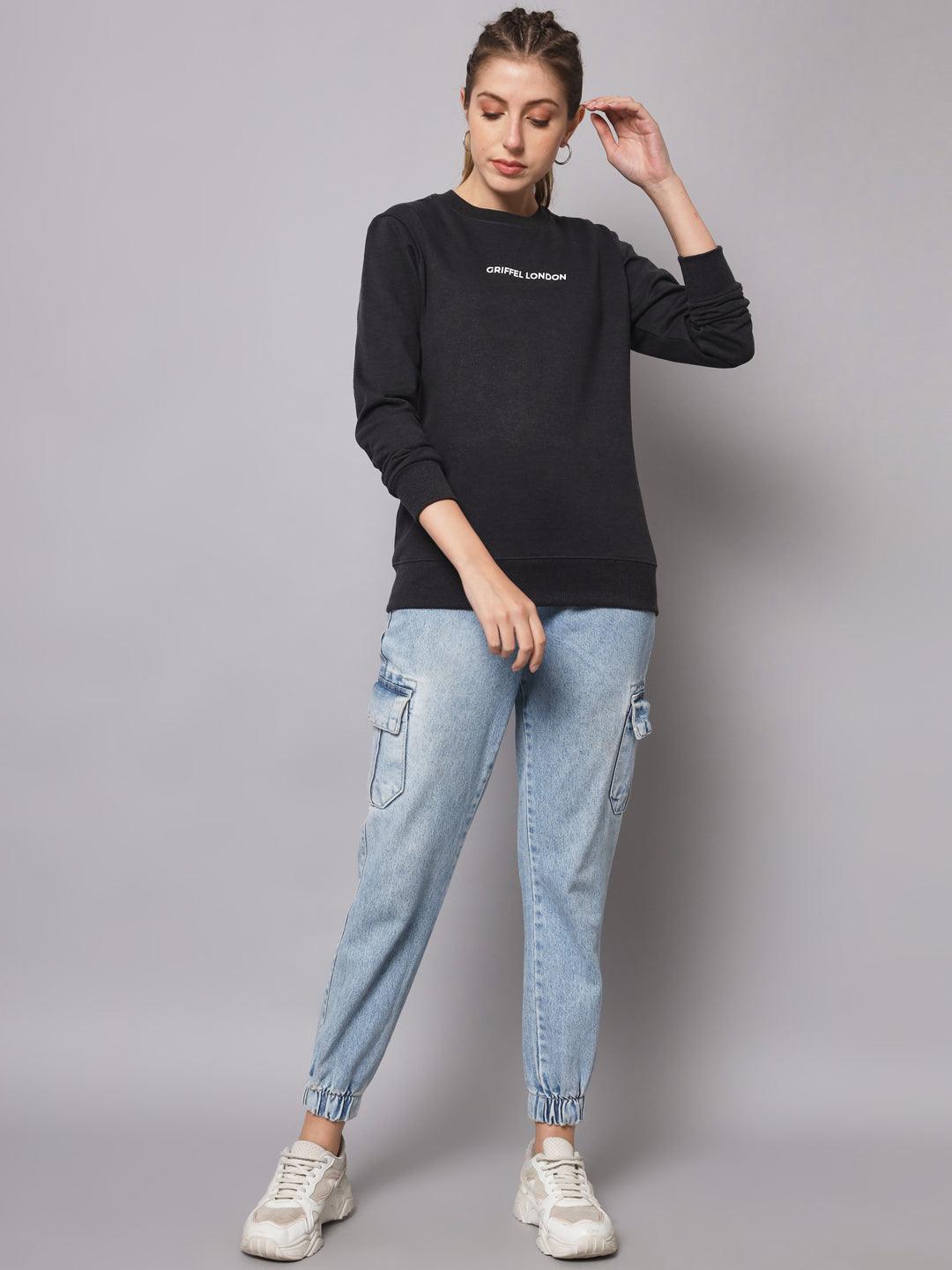 Griffel Women’s Printed Round Neck Anthra Cotton Fleece Full Sleeve Sweatshirt - griffel