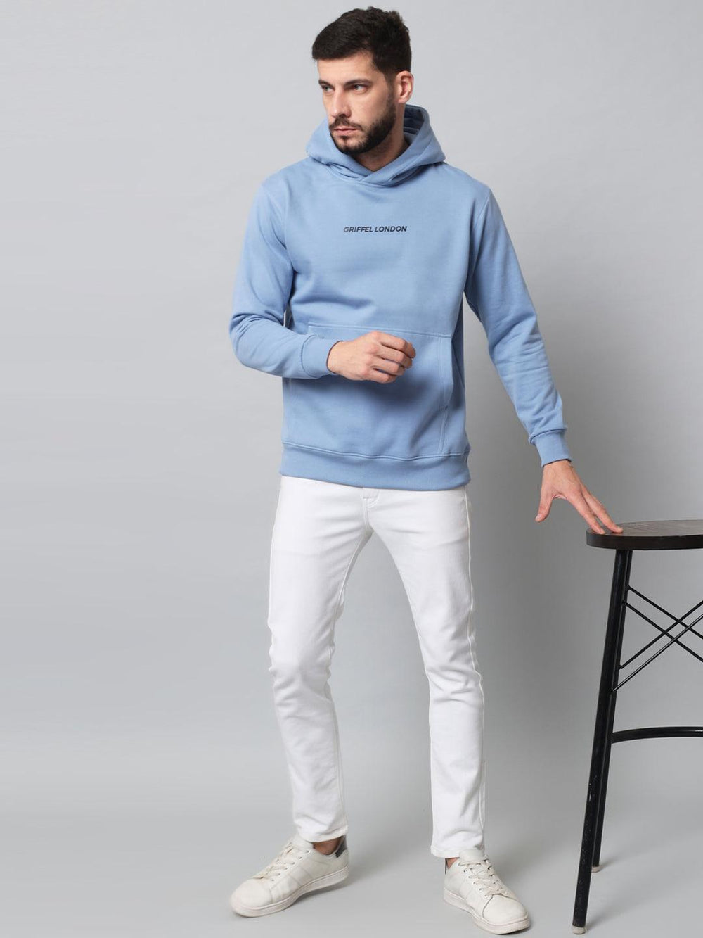 Griffel Men's Sky Blue Cotton Front Logo Fleece Hoody Sweatshirt with Full Sleeve - griffel