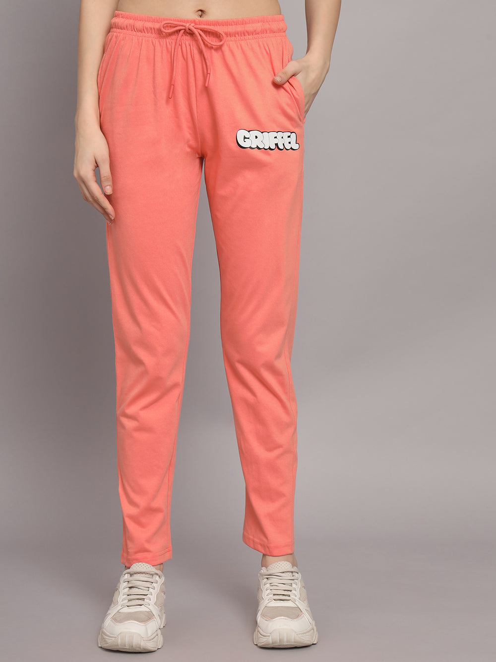 GRIFFEL Women Printed Oversized Loose fit Peach T-shirt and Trackpant Set - griffel