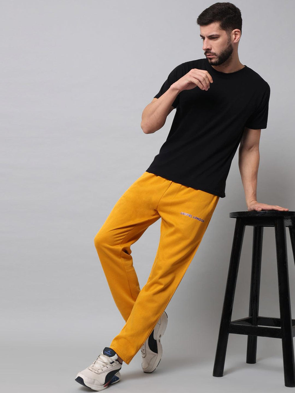 GRIFFEL Men Fleece Basic Solid Front Logo Mustard Trackpants - griffel