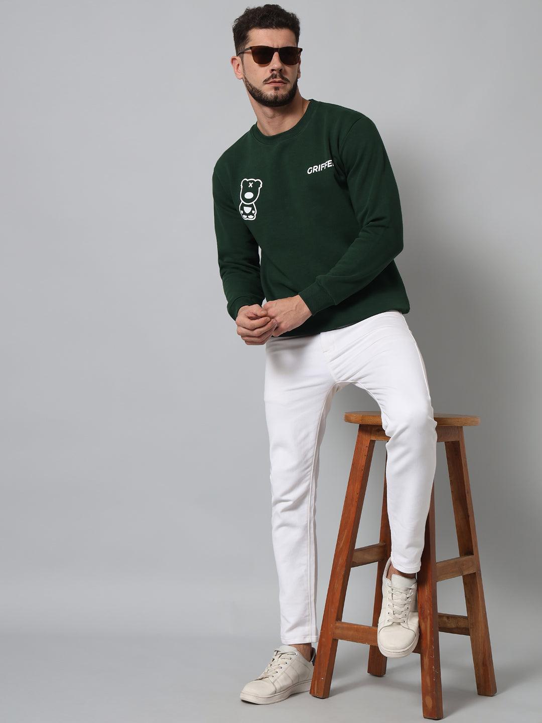 Griffel Men's Cotton Fleece Round Neck Printed Green Sweatshirt with Full Sleeve and Front Logo Print - griffel