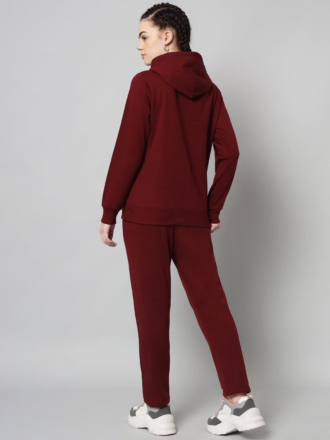Griffel Women Solid Fleece Basic Hoodie and Joggers Full set Maroon Tracksuit - griffel