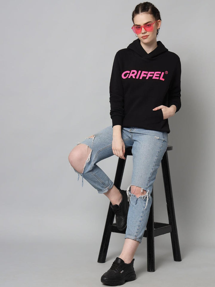 Griffel Women’s Cotton Fleece Full Sleeve Hoodie Black Printed Sweatshirt - griffel