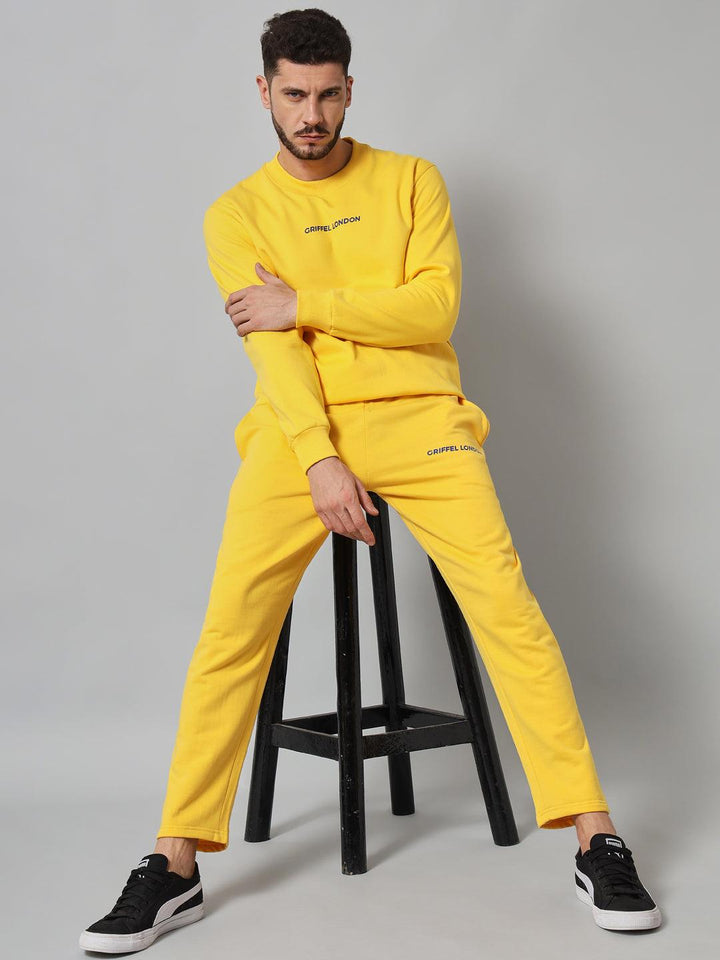 Griffel Men's Front Logo Solid Fleece Basic R-Neck and Joggers Full set Yellow Tracksuit - griffel