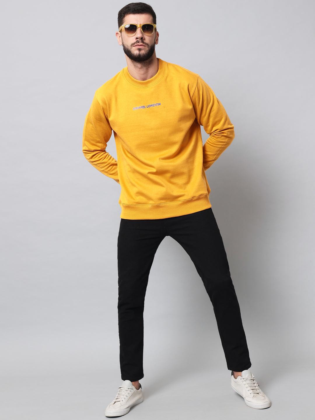 Griffel Men's Cotton Fleece Round Neck Mustard Sweatshirt with Full Sleeve and Front Logo Print - griffel